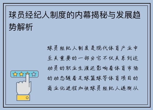 球员经纪人制度的内幕揭秘与发展趋势解析