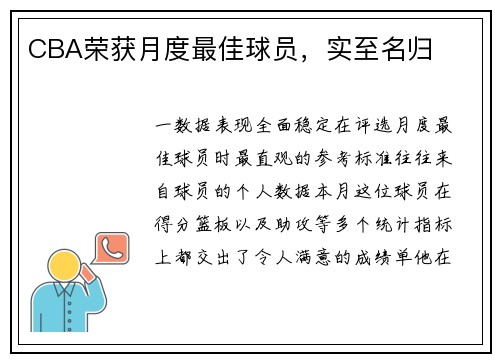 CBA荣获月度最佳球员，实至名归